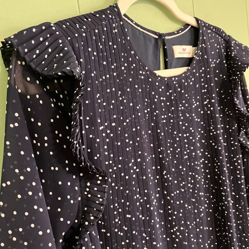 VINEYARD VINES Girls' Polka Dot Pleated Dress Navy Blue Flutter Sleeves …